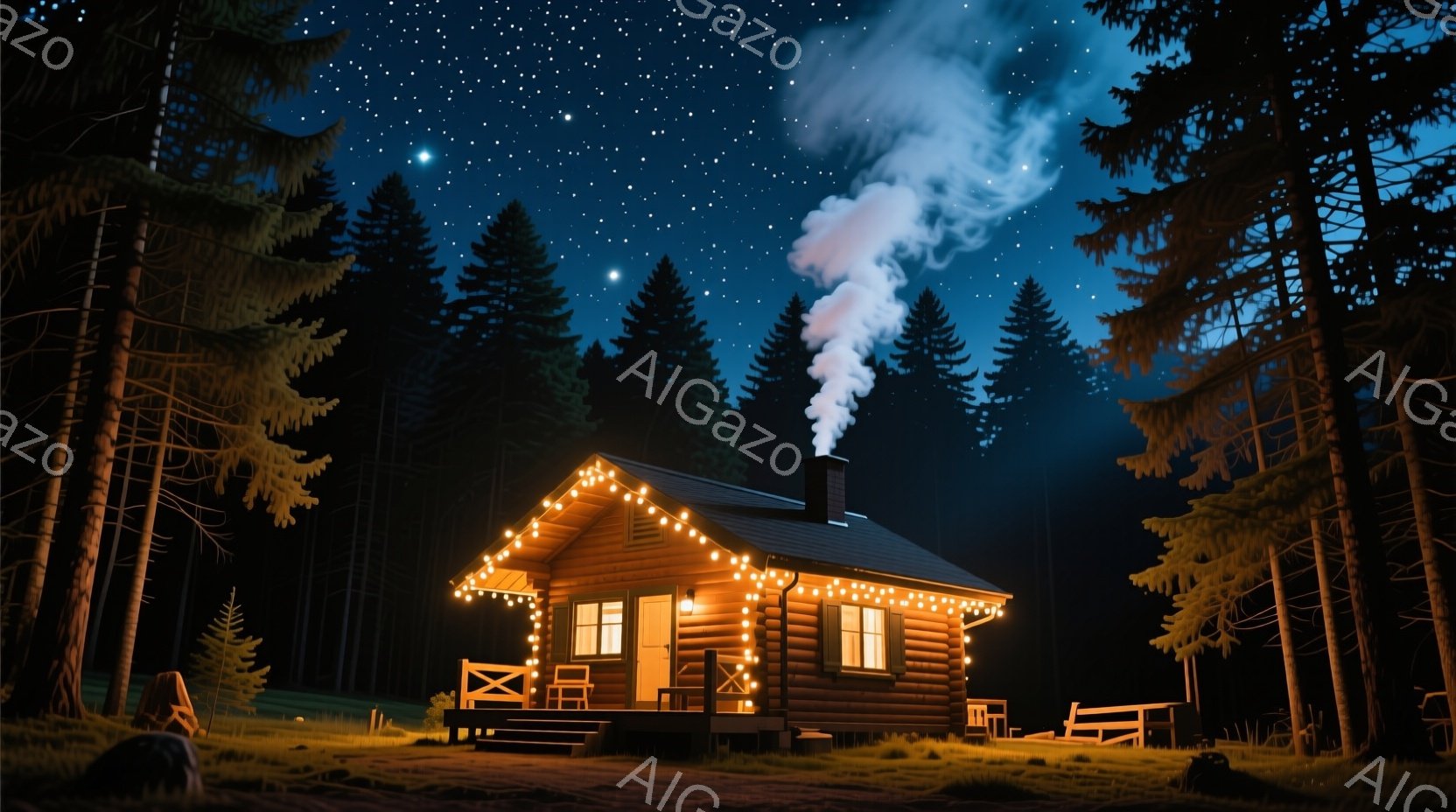 暗い森の中に、温かい光を放つログキャビンが建っています。キャビンは、オレンジ色の柔らかい光で飾られたイルミネーションで飾られ、煙突からは白い煙が立ち上っています。周囲は深い緑の木々に囲まれ、星空が広がり、静かで穏やかな夜の雰囲気を醸し出しています。