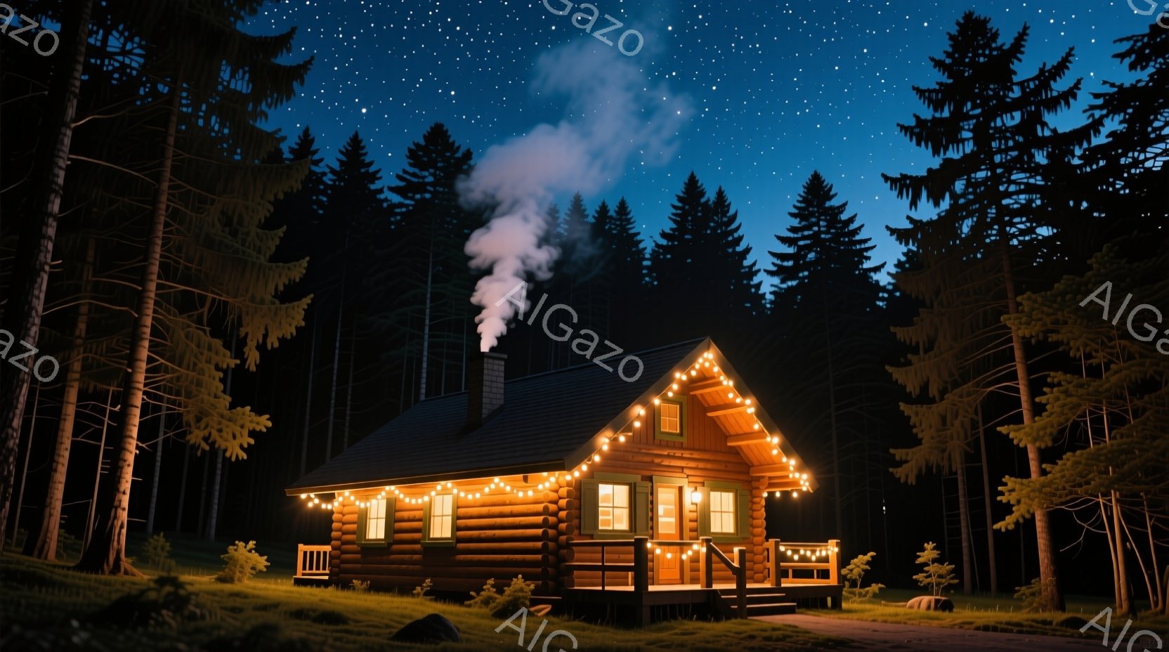 深い森の中に佇む丸太小屋が、温かい光で照らされている。小屋はクリスマスの飾り付けが施され、煙突からは湯気が立ち上り、居心地の良い雰囲気を醸し出している。夜空には星が輝き、静かで平和な冬の夜を表現している。