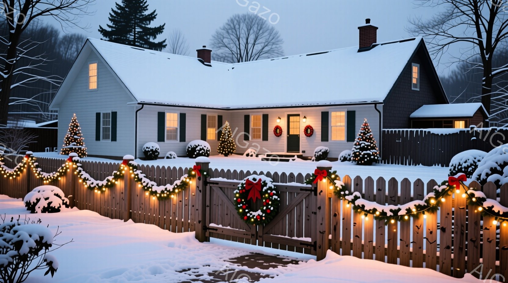 雪に覆われた庭と白い柵に飾り付けられたクリスマス装飾が印象的な一軒家が写っています。家の正面にはクリスマスリースが飾られ、庭には雪に覆われた木々やクリスマスツリーが配置されています。全体的に穏やかで温かい、クリスマスの雰囲気が漂う冬の光景です。