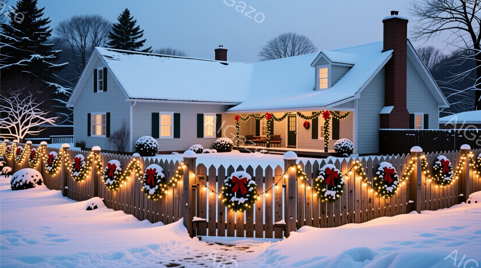 雪に覆われた家の外観で、フェンスにはクリスマスリースとイルミネーションが飾られています。家は白く、屋根には雪が積もり、冬の穏やかな雰囲気を醸し出しています。背景には木々が見え、静かで平和な冬の風景が広 - AI生成フリー素材