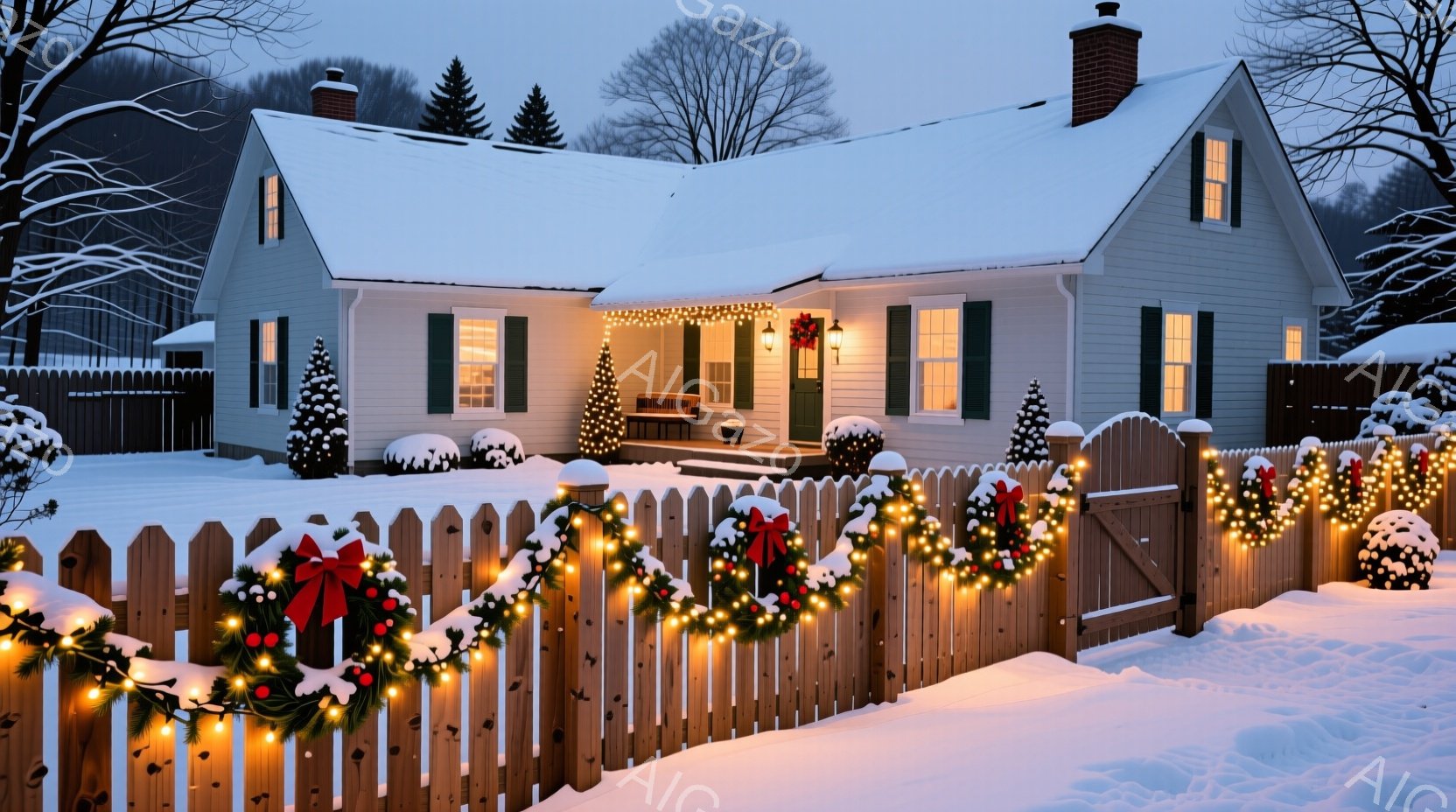 雪に覆われた白い家が、クリスマスの飾り付けで温かく輝いている。フェンスには、赤いリボンと葉っぱで飾られたクリスマスリースが連なり、暖かい光が灯っている。背景には雪に覆われた木々と、薄暗い空が広がり、静 - AI生成フリー素材