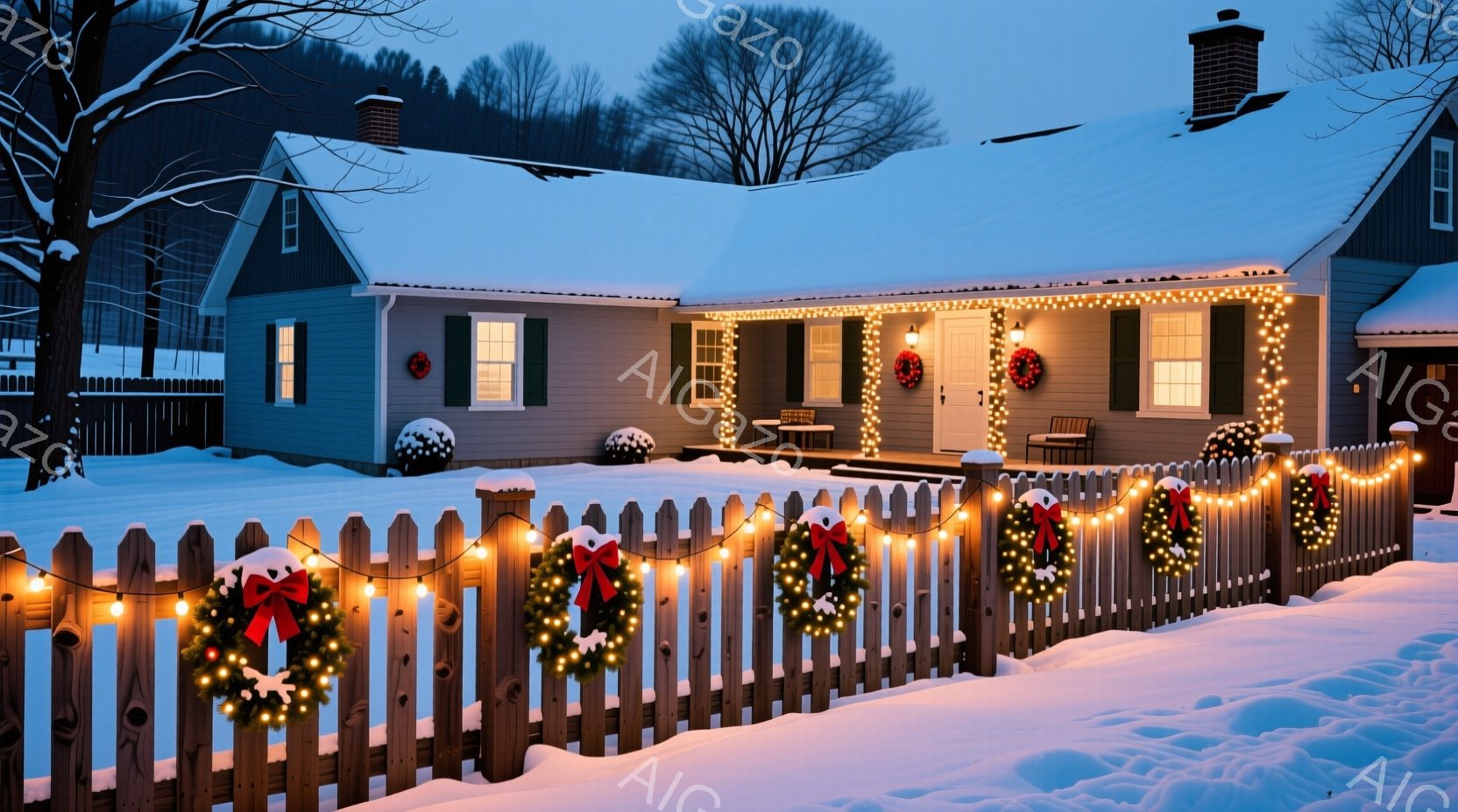 雪に覆われた庭に、クリスマスデコレーションが施された木製の柵が写っている。背景には、クリスマスリースとイルミネーションで飾られた、落ち着いたブルーの可愛らしい一軒家が見える。全体的に、静かで温かい、冬 - AI生成フリー素材