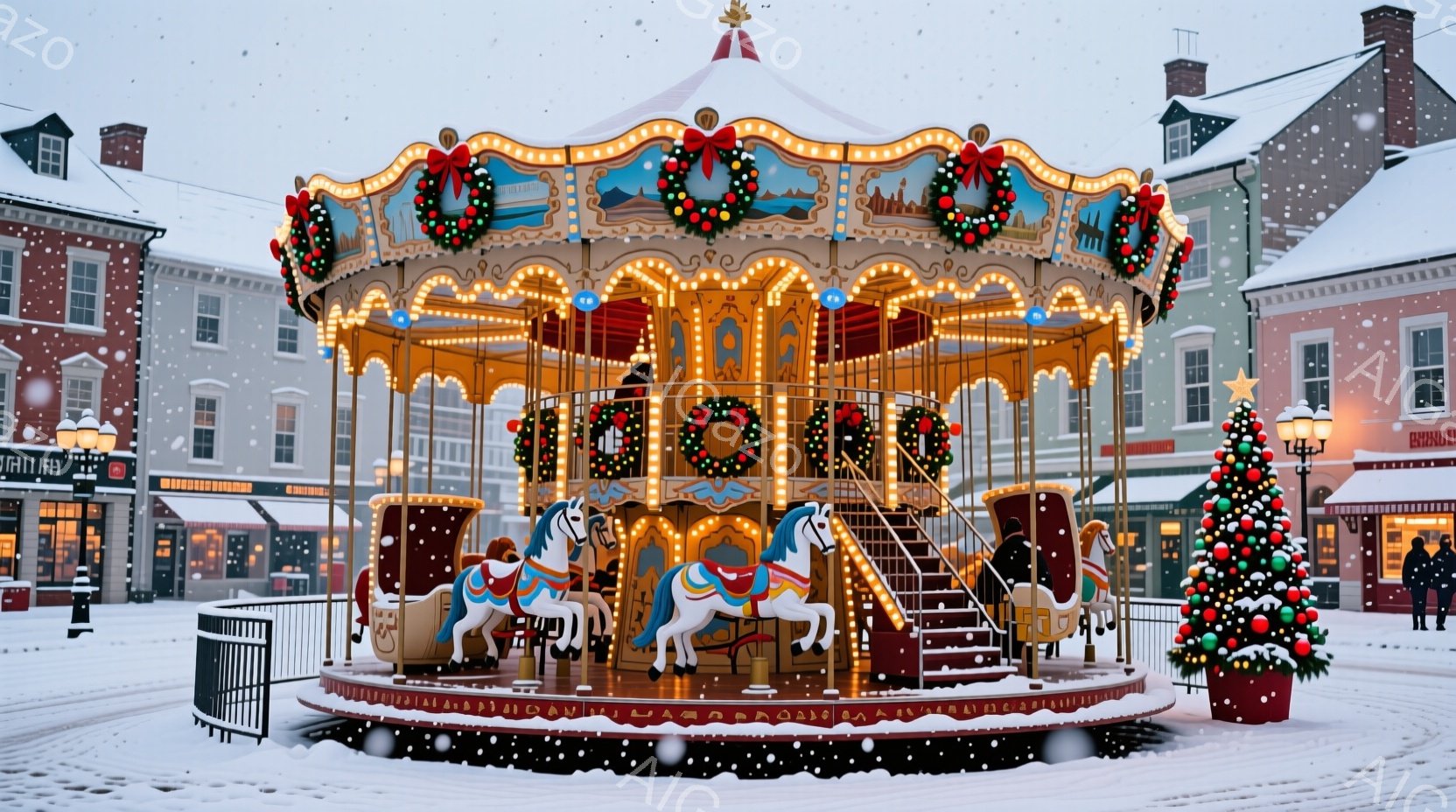 雪が降り積もる街の中心に、ライトアップされたメリーゴーランドがそびえ立っています。装飾された馬や乗り物は温かい光を放ち、クリスマスのリースや飾り付けが華やかさを添えています。背景には、雪に覆われた建物 - AI生成フリー素材