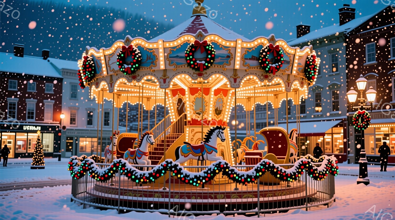 雪が降る中で、イルミネーションで飾られたメリーゴーランドが中央に位置しています。建物はヨーロッパ風の様式で、窓から暖かい光が漏れ、冬の夜の温かい雰囲気を醸し出しています。全体的に、クリスマスの魔法のよ - AI生成フリー素材