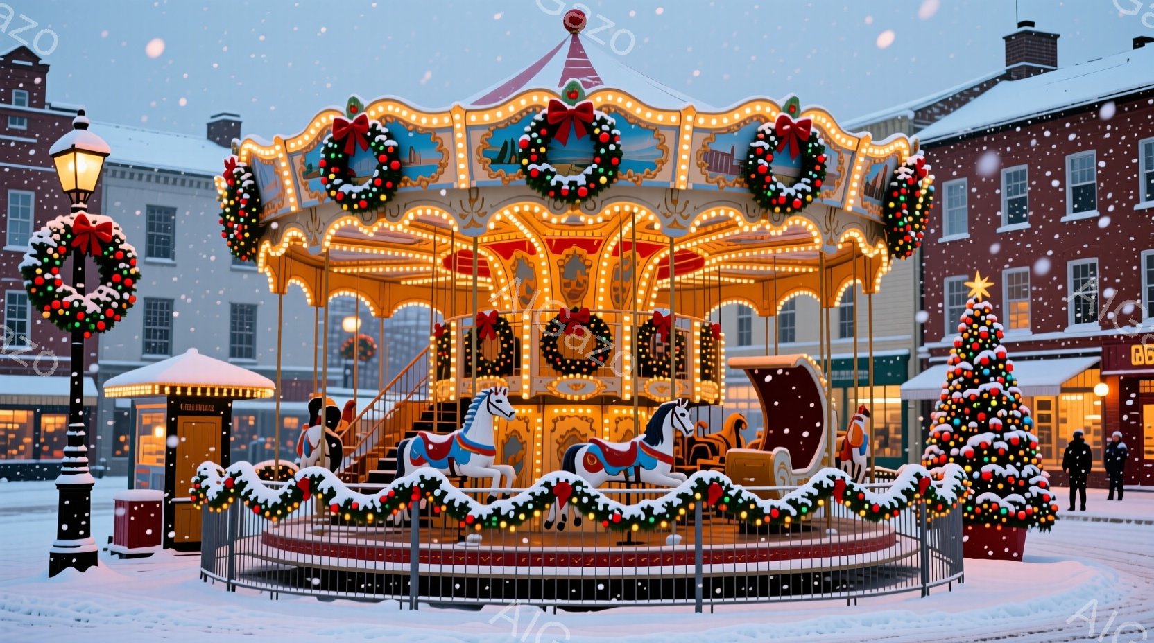 街の中心には、華やかな装飾が施されたメリーゴーラウンドが設置されており、クリスマスツリーやガーランドで彩られています。背景には趣のある建物が並び、雪が舞う冬の穏やかな光景が広がっています。メリーゴーラ - AI生成フリー素材