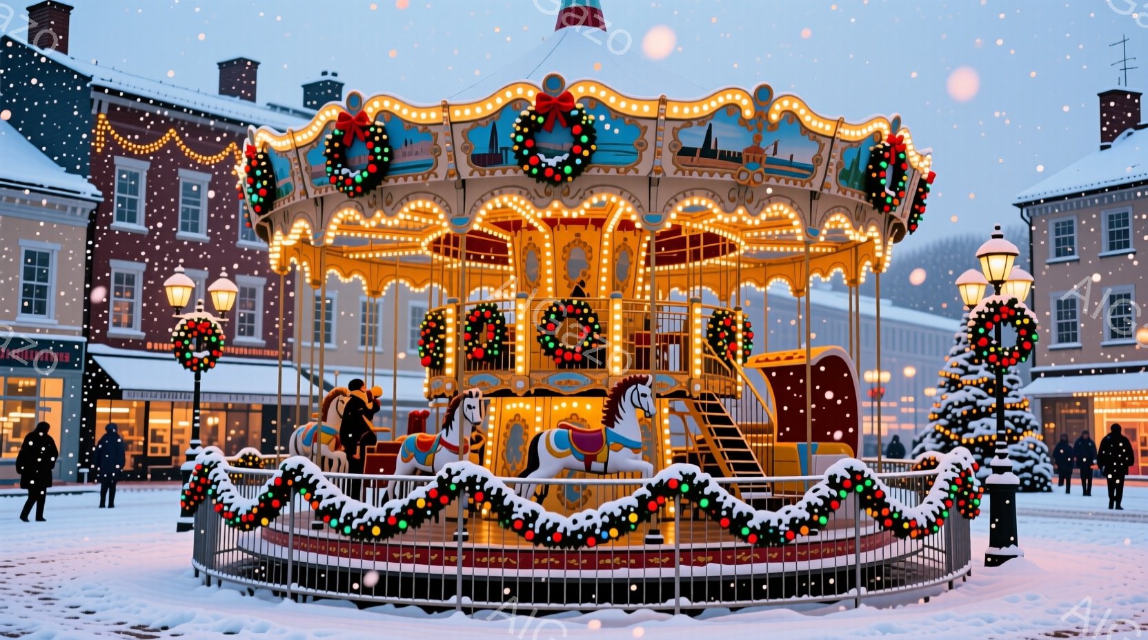 白雪が舞う広場に、クリスマス装飾が施された回転木馬が佇んでいます。木馬は暖色系のライトで照らされ、緑と赤のガーランドで飾られており、冬の幻想的な雰囲気を醸し出しています。背景には、雪化粧された建物やクリスマスツリーが並び、静かで穏やかな冬の情景が広がっています。