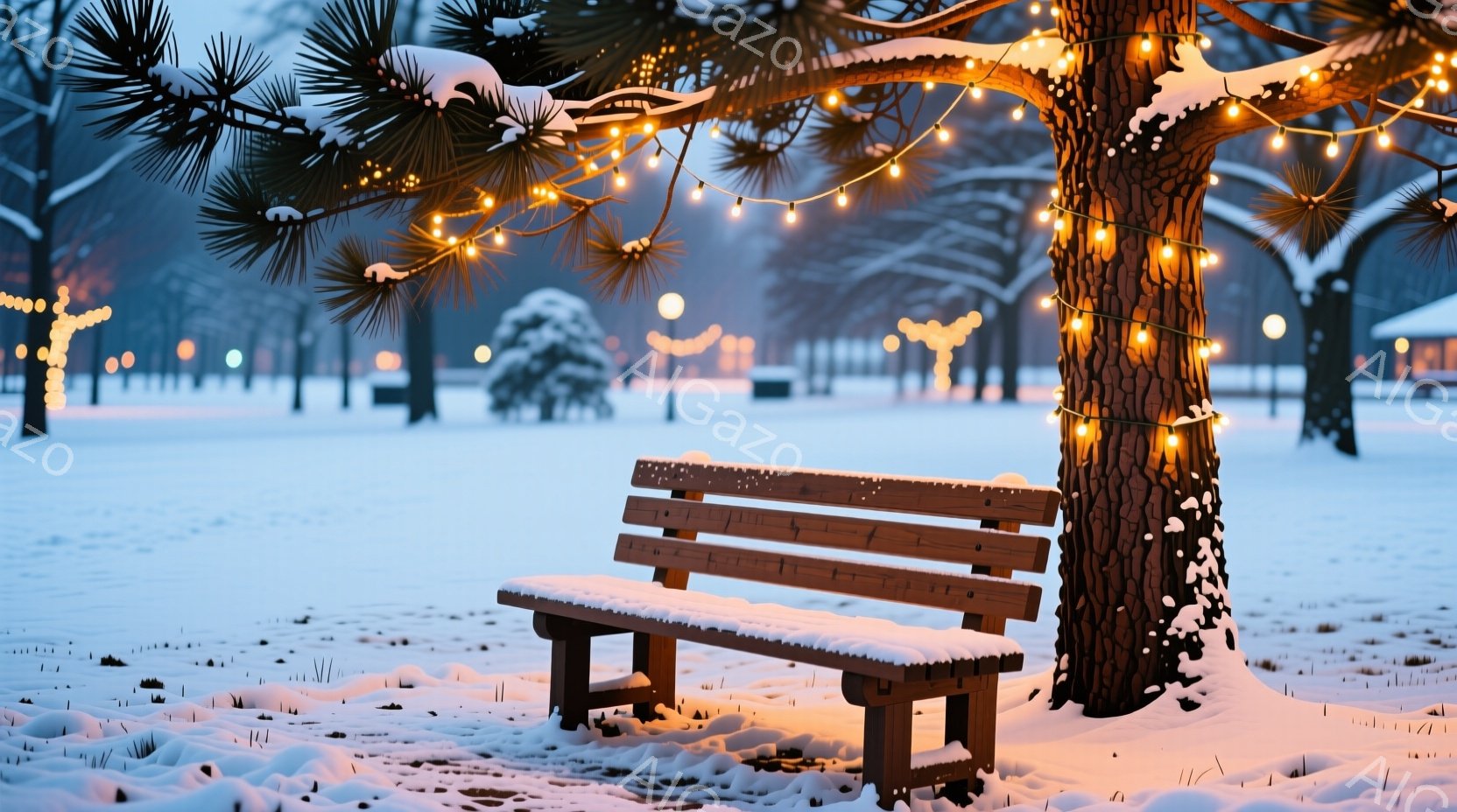 雪が降り積もった公園のベンチが描かれています。ベンチは木製で、雪が少し積もっています。背景には雪で覆われた木々や、暖かい光を放つイルミネーションが点在し、冬の穏やかで幻想的な雰囲気を醸し出しています。 - AI生成フリー素材