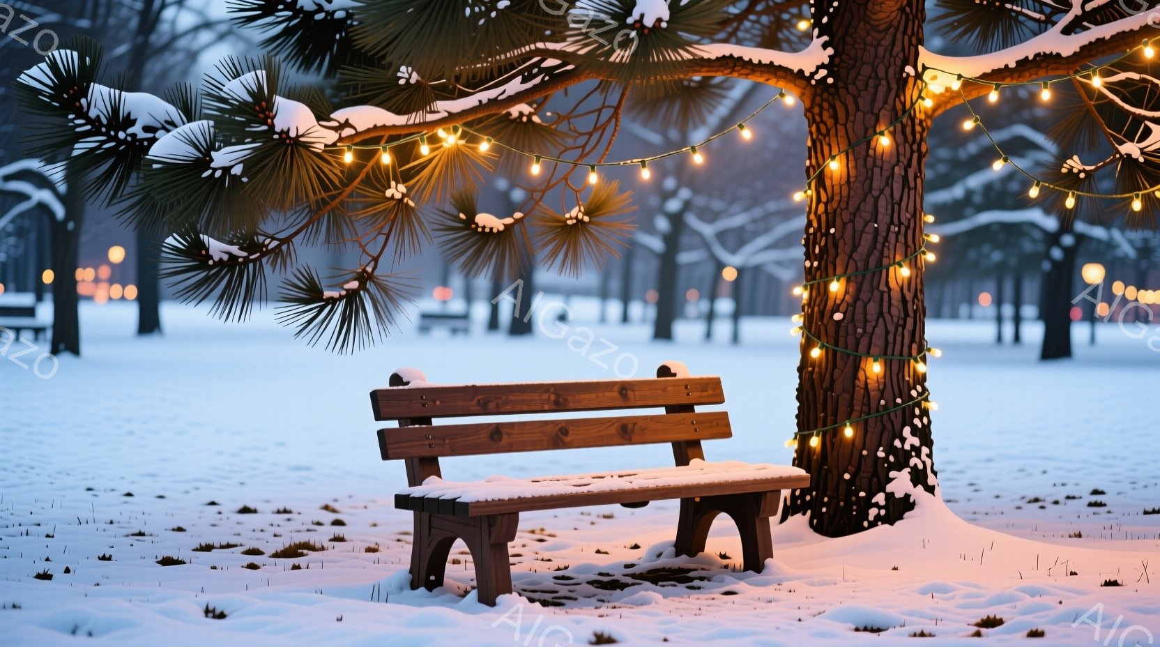 雪が降り積もった公園のベンチが描かれています。大きな木の幹に暖色のイルミネーションが巻き付けられ、雪景色の中に温かさを添えています。遠くには他のベンチも確認でき、全体的に静かで穏やかな冬の雰囲気が漂っています。