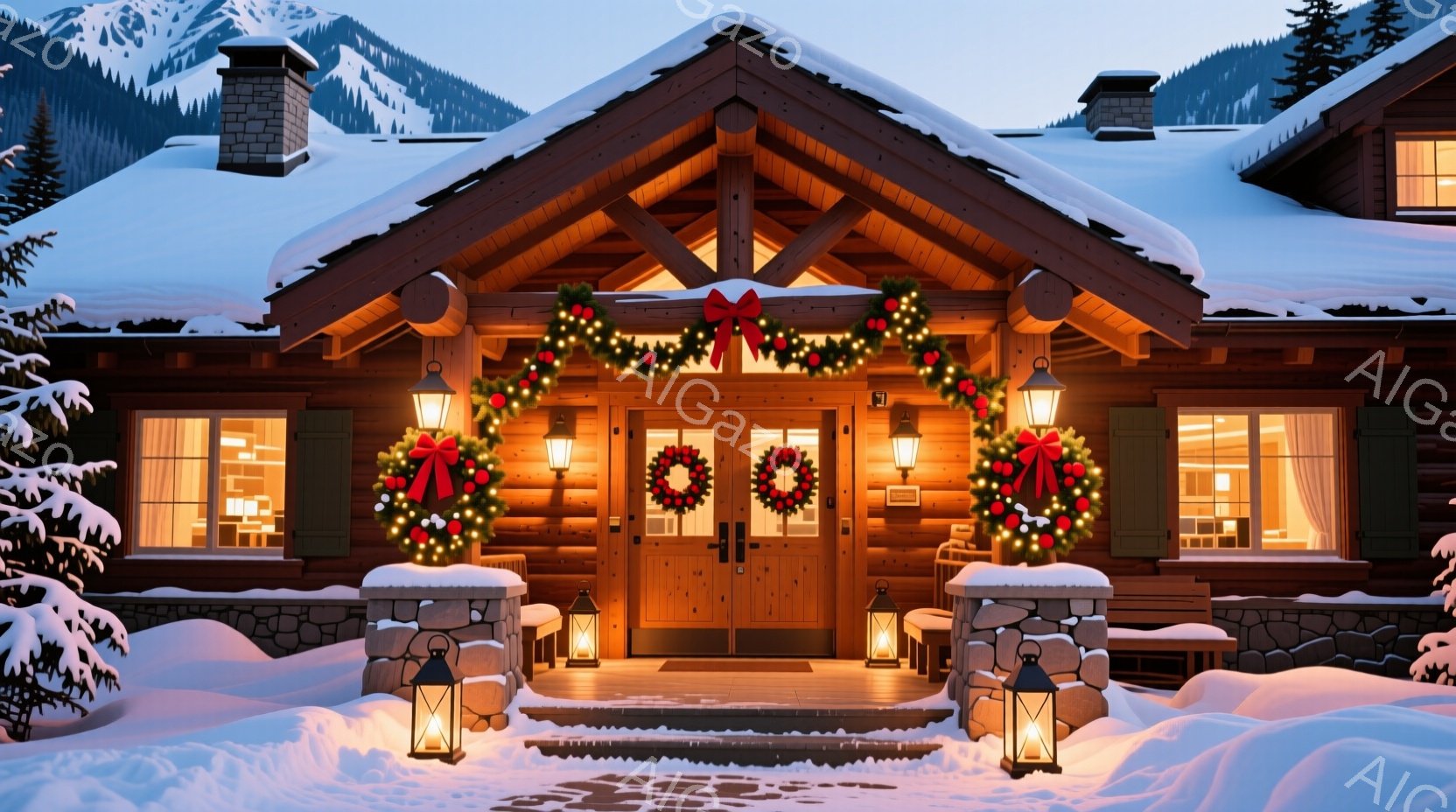 雪に覆われた山の麓にある、木製の大きな家が映っています。正面玄関はクリスマスリースと装飾で飾られ、温かい光が窓や玄関から漏れ出し、穏やかで祝祭的な雰囲気を醸し出しています。雪景色と装飾された家は、冬の - AI生成フリー素材