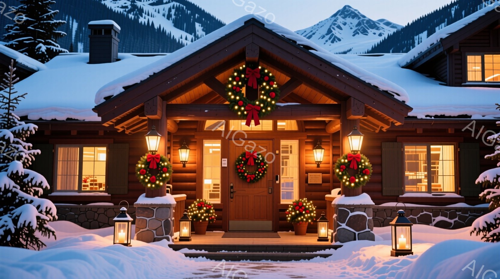 雪に覆われた山々を背景に、クリスマスの装飾が施されたログハウスが佇んでいます。玄関にはクリスマスリースが飾られ、窓辺や玄関周りにはイルミネーションが灯り、温かい光が雪景色に映えます。全体的に暖かく、静 - AI生成フリー素材