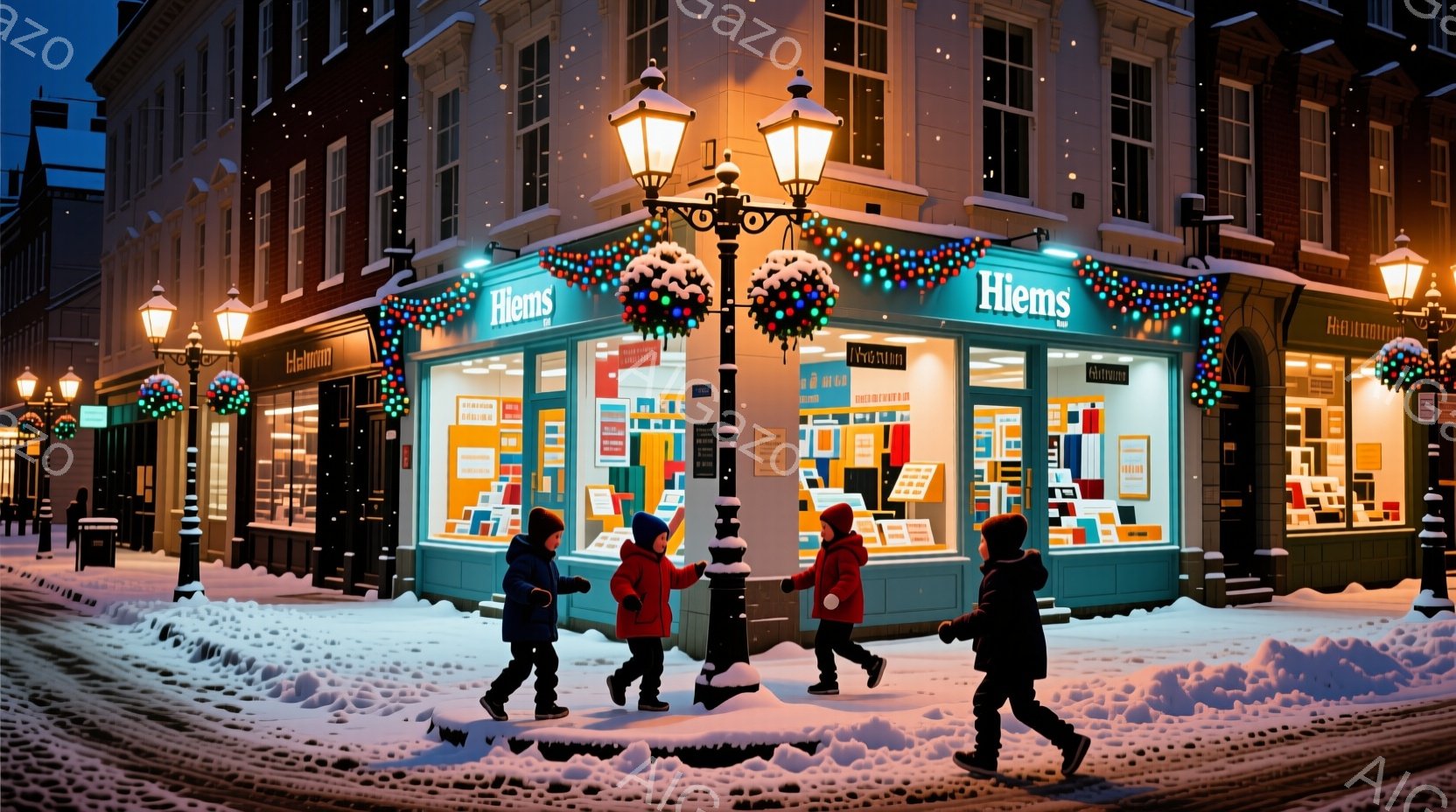 雪が舞う夜の街並みで、赤いコートを着た子どもたちが楽しそうに走り回っている。背景には装飾が施された建物が並び、暖色の光が温かい雰囲気を醸し出している。雪景色とクリスマスの装飾が合わさり、心が温まる冬の情景が描かれている。