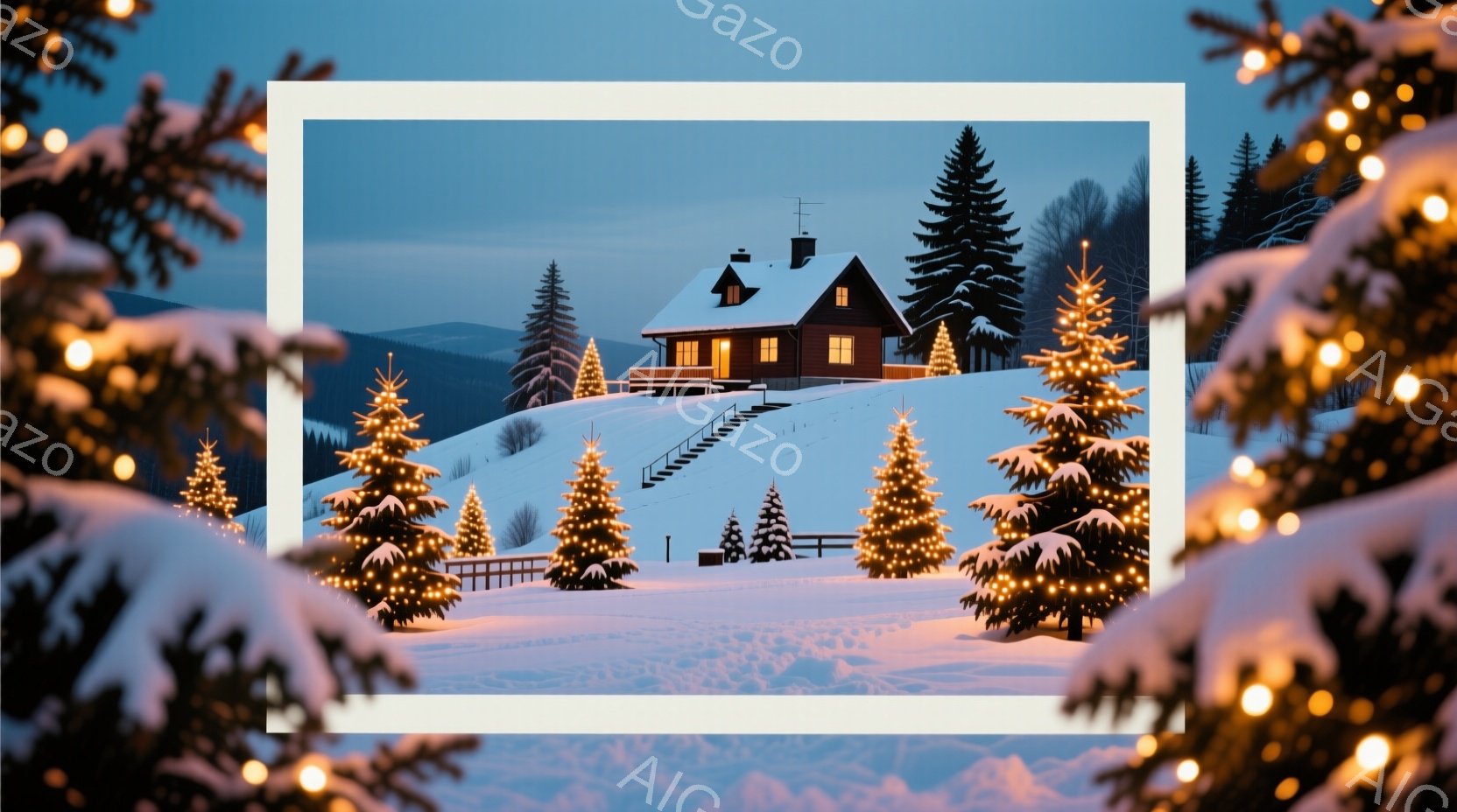 雪深い丘の上に、温かい光を放つ木造の家が建っている。周囲にはクリスマスツリーのように飾られた常緑樹が点在し、雪原には足跡がついていないため、静寂と穏やかさを感じさせる。背景には遠くの山々がシルエットで - AI生成フリー素材