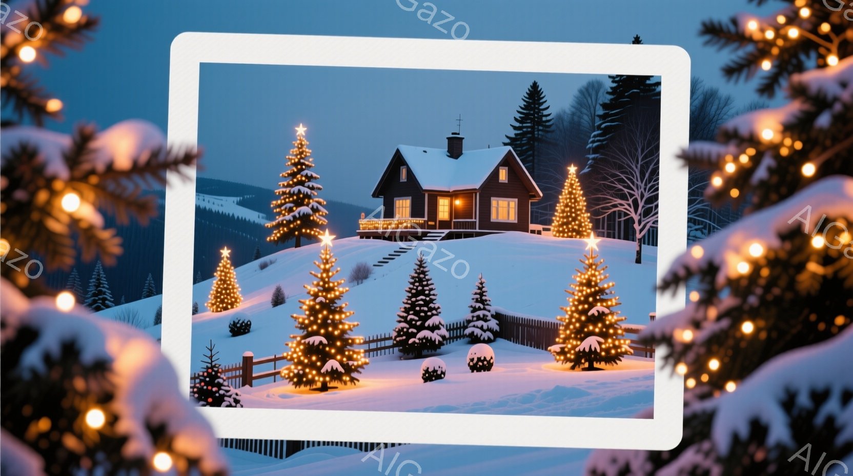 雪に覆われた丘の上に、クリスマスの飾り付けがされた家が建っています。松の木々は電飾で輝き、家からは温かい光が漏れ出ており、冬の静寂とクリスマスの暖かさを感じさせます。背景には雪山が広がり、穏やかな冬の - AI生成フリー素材