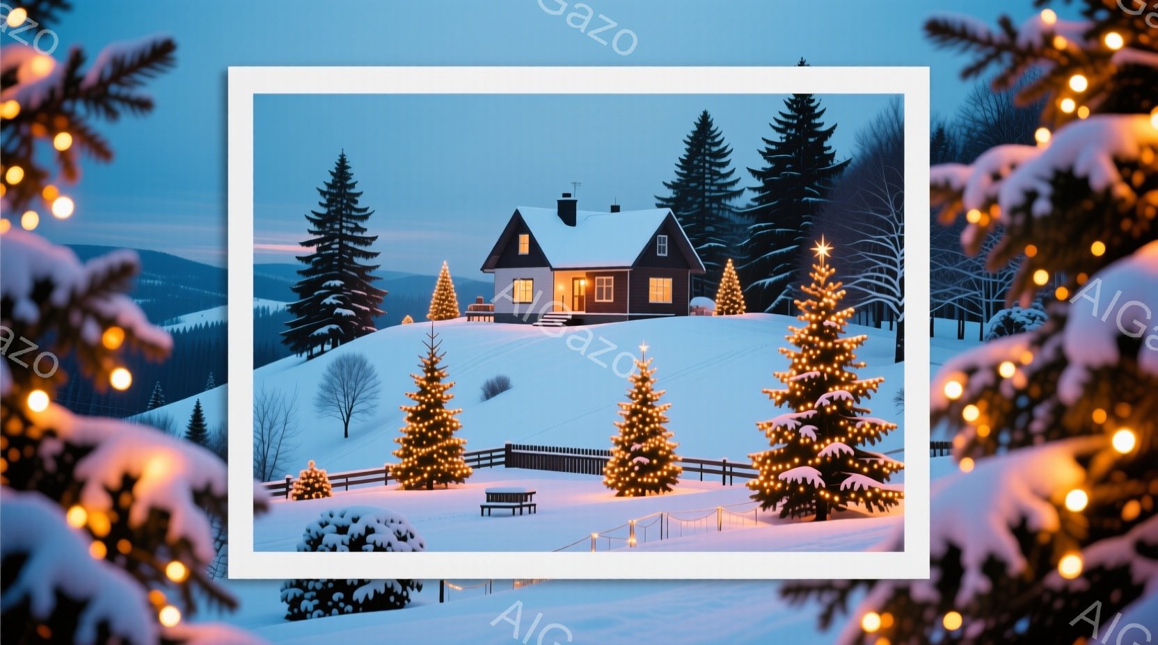 雪に覆われた丘の上に、温かい光を放つ家が建っています。周りにはクリスマスツリーが飾られ、白いフェンスとベンチが冬景色の中に溶け込んでいます。背景には針葉樹の森が広がり、穏やかで静謐なクリスマスの雰囲気 - AI生成フリー素材