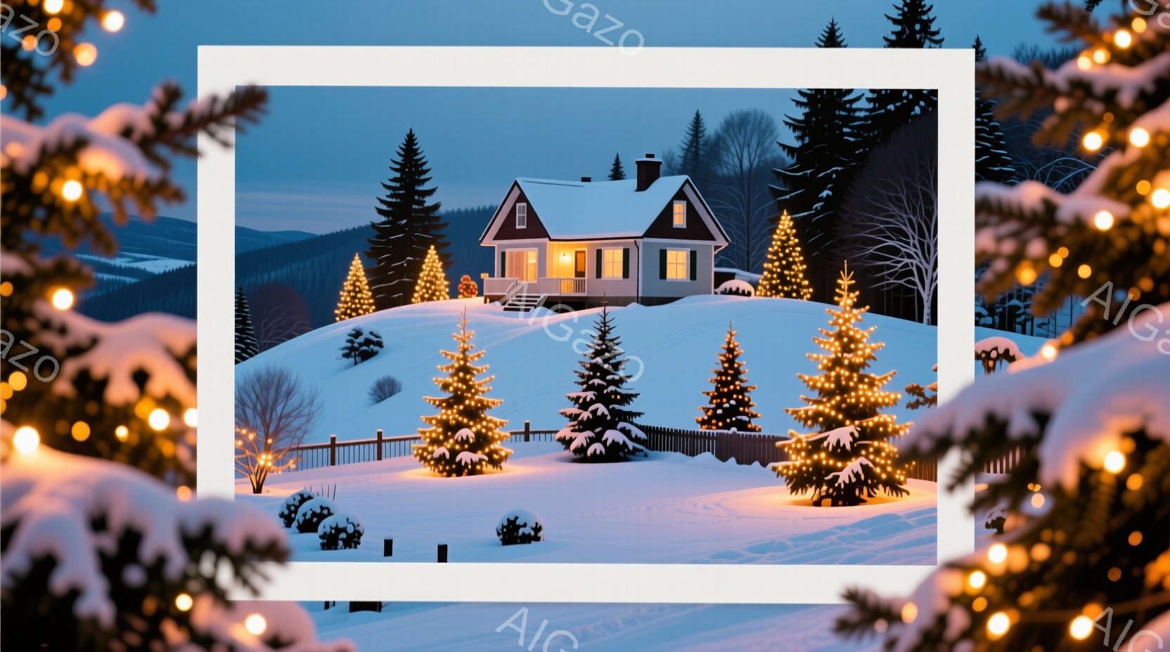 雪に覆われた丘の上に、温かい光を放つ家が建っている。周りには、イルミネーションで飾られたクリスマスツリーが並び、雪景色の中に暖かな雰囲気を添えている。背景には、雪をまとった木々と、薄暗く広がる空が広が - AI生成フリー素材