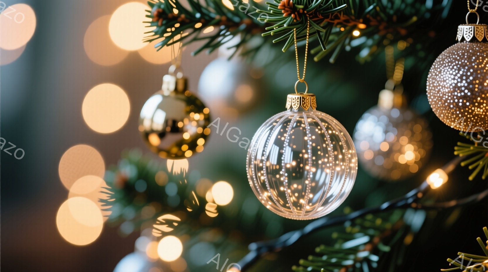 クリスマスツリーの枝に、透明で光るオーナメントが吊り下げられており、背景にはぼやけたライトが散りばめられています。ゴールドとシルバーの他のオーナメントも点在し、華やかなクリスマスの雰囲気を醸し出してい - AI生成フリー素材