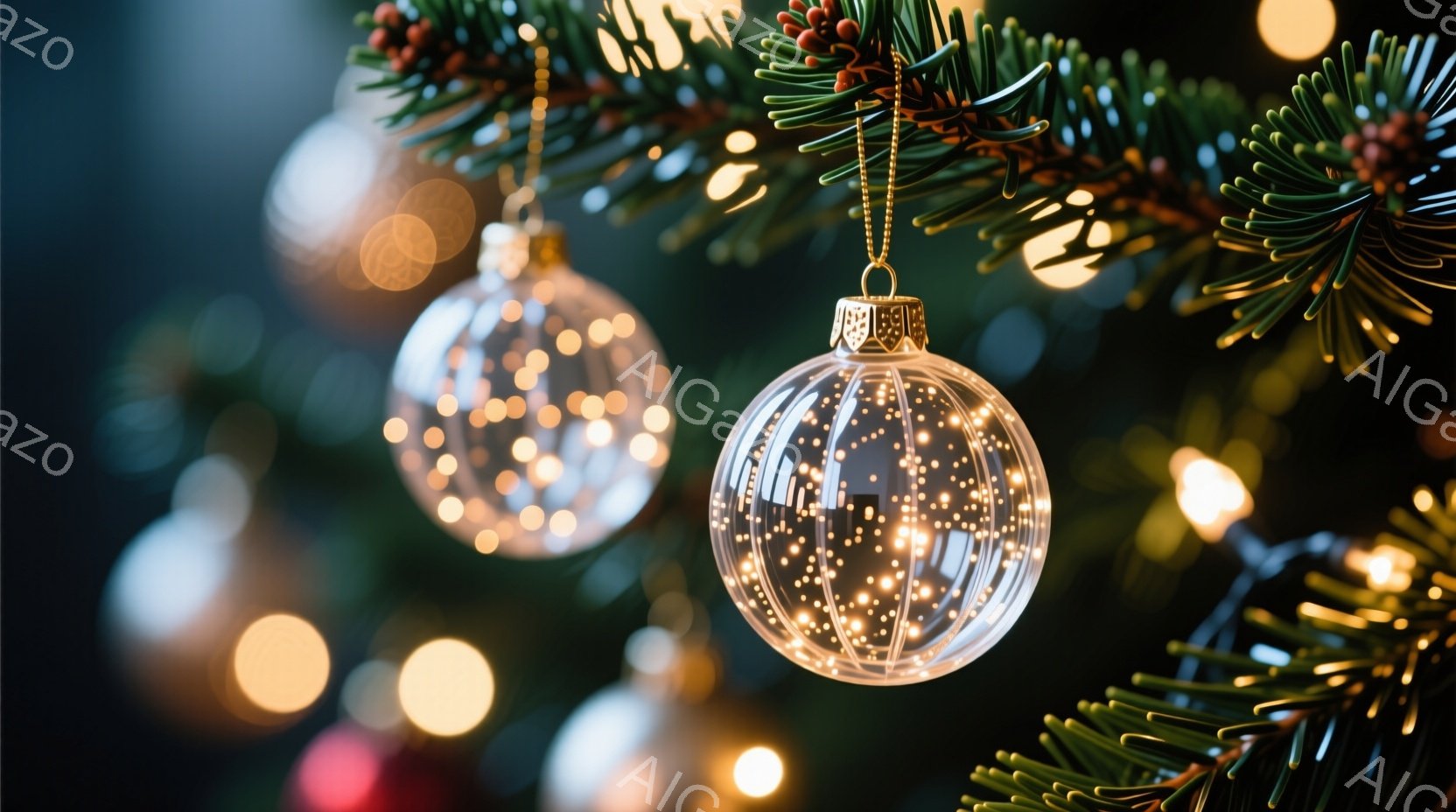 クリスマスツリーの枝に、光り輝く透明のオーナメントが飾られています。背景はぼやけており、暖かい光がオーナメントを照らし、幻想的な雰囲気を醸し出しています。全体的に、ホリデーシーズンらしい、温かく優しい - AI生成フリー素材