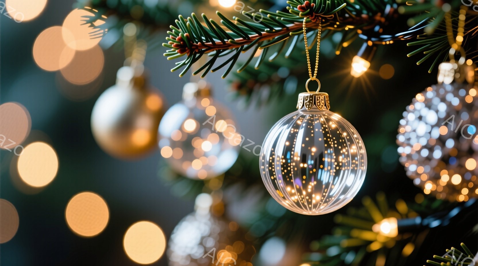 クリスマスツリーの装飾が焦点で、透明のオーナメントが光を受けてキラキラと輝いています。背景にはぼやけた黄金色の光の玉が散りばめられ、緑色の針葉樹の葉が装飾を囲み、お祝いムードを高めています。全体的に暖 - AI生成フリー素材