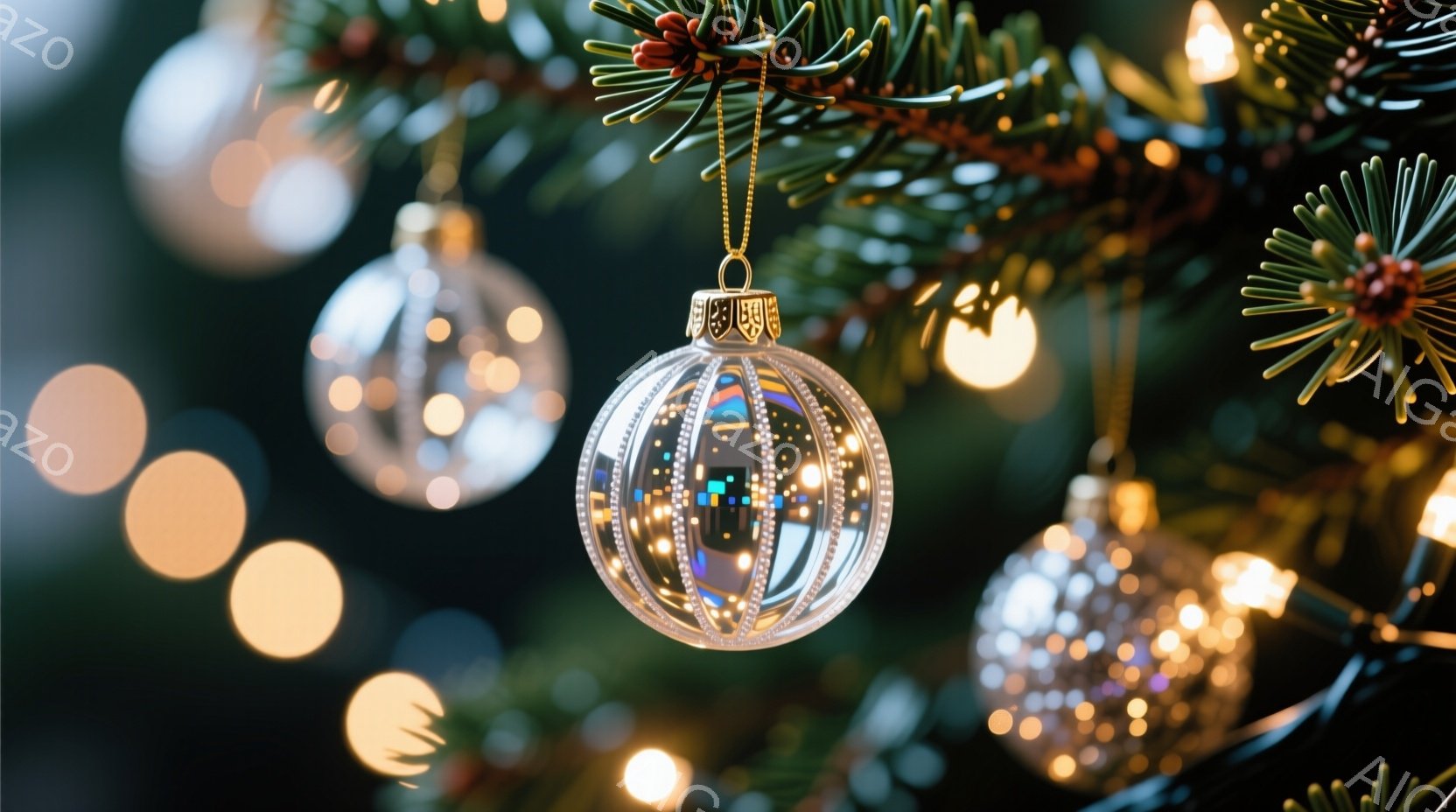 クリスマスツリーの枝に、透明のオーナメントが飾られています。オーナメントの中には、光が反射し、きらきらと輝く様子が捉えられており、背景にはぼやけたライトが温かい雰囲気を醸し出しています。全体的に、冬の - AI生成フリー素材