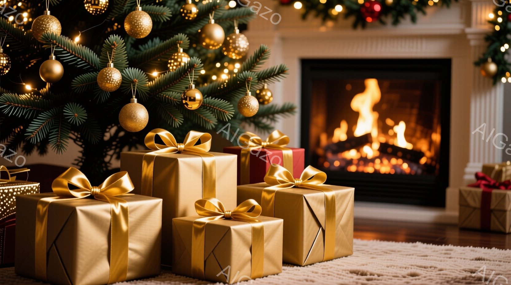 暖炉の前には、金色の包装紙で美しくラッピングされたプレゼントが積み重ねられています。クリスマスツリーが背景に見え、金色のオーナメントが輝き、温かく穏やかな雰囲気を醸し出しています。暖炉の炎が部屋全体を - AI生成フリー素材