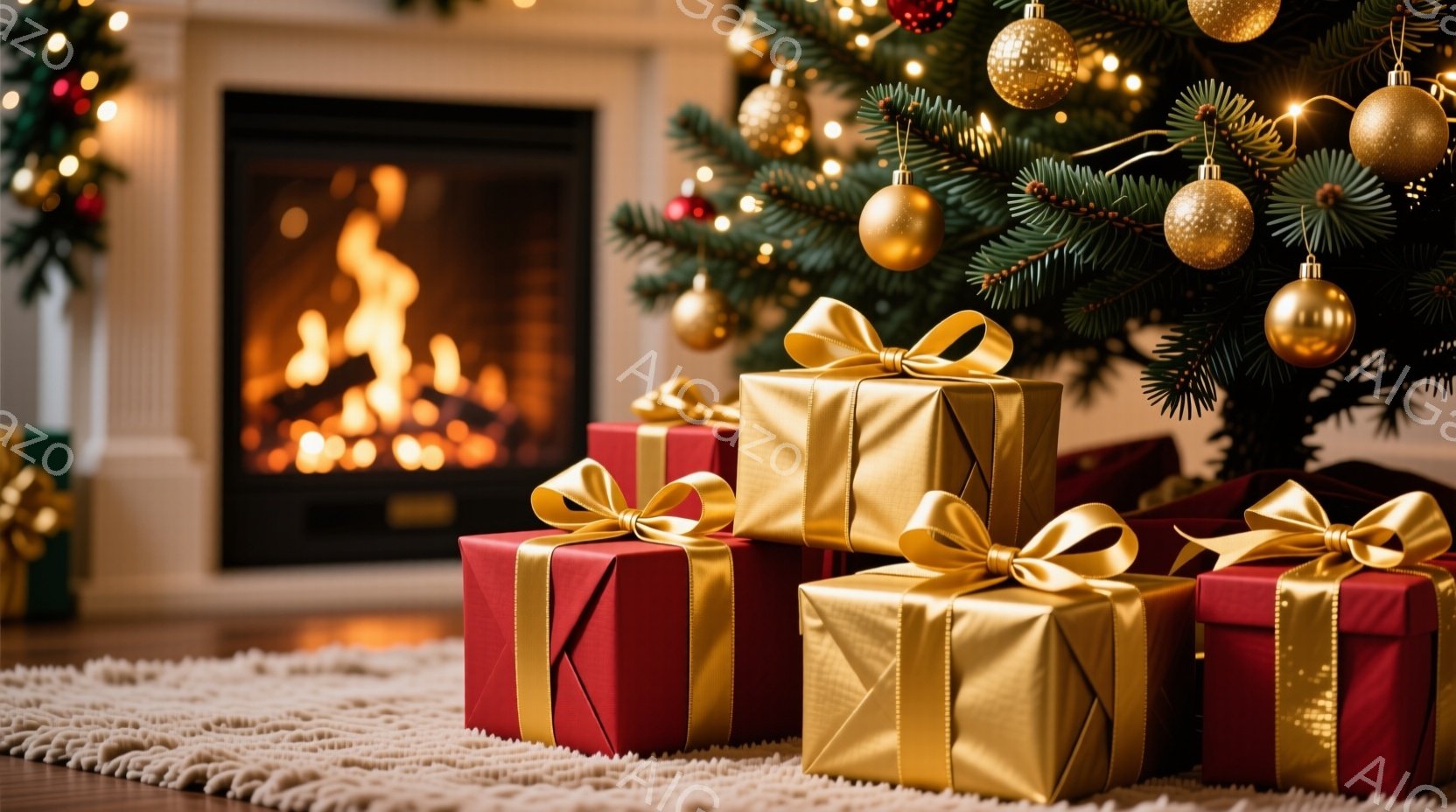クリスマスツリーの足元に、赤と金のラッピングペーパーで包まれたプレゼントが積み重ねられています。暖炉の火が暖かく灯り、背景にはぼんやりとした白い壁が見え、ホリデーシーズンの温かく心地よい雰囲気が漂って - AI生成フリー素材