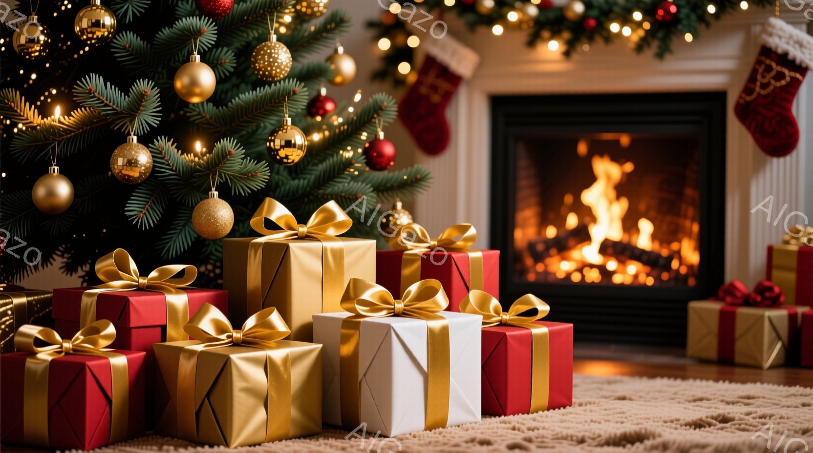 クリスマスツリーの足元には、赤、金、白の包装紙で包まれたプレゼントが積み重ねられています。暖炉が灯っており、赤いクリスマスソックスが暖炉の上に掛けられ、温かく心地よい雰囲気を醸し出しています。背景はぼ - AI生成フリー素材