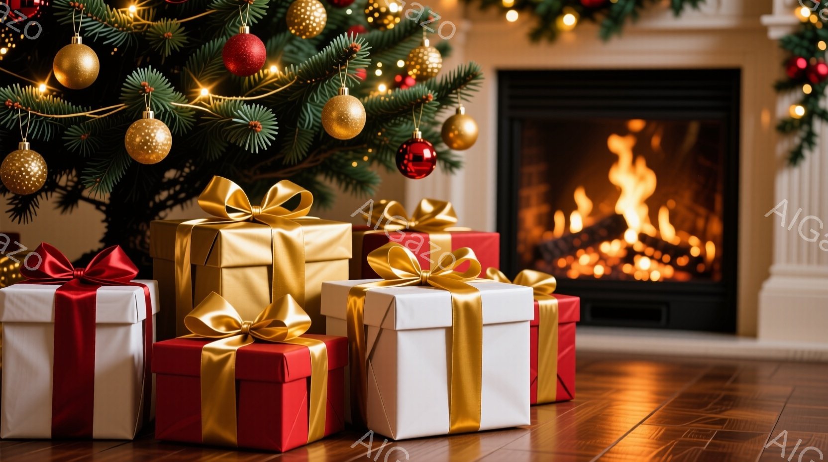クリスマスツリーの足元に、赤、白、金のラッピングペーパーで包まれたプレゼントがいくつか置かれています。暖炉が燃えており、暖かい光が木製の床に反射して、お祝いの雰囲気を醸し出しています。背景には装飾が施 - AI生成フリー素材