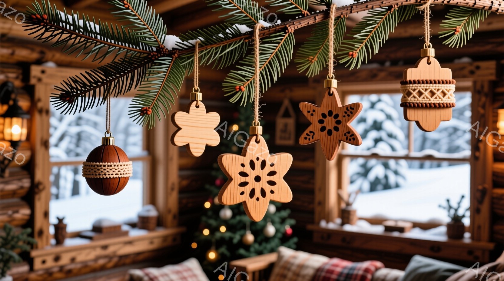 室内は木製の壁と家具で暖かく、クリスマスツリーの飾り付けが施されています。窓の外には雪景色が広がり、白い景色の中に木々が見えます。手作りの木製オーナメントが、クリスマスツリーの枝から吊り下げられ、温か - AI生成フリー素材