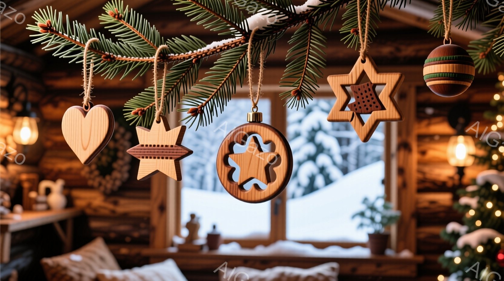 暖炉のあるキャビンの窓から雪景色を背景に、手作りの木製オーナメントがクリスマスツリーの枝から吊り下げられています。オーナメントはハート、星、円形で、素朴で温かい雰囲気を醸し出しています。キャビンの内装 - AI生成フリー素材