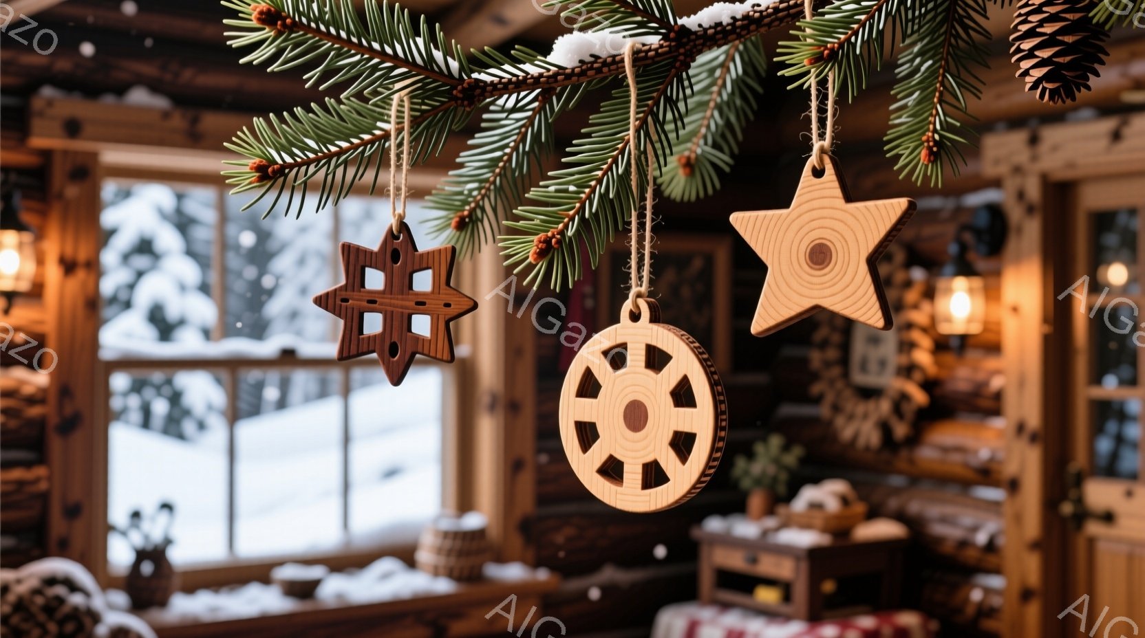 暖炉のある部屋の中で、クリスマスツリーの枝に木のオーナメントが飾られています。背景には雪景色が見え、窓からは冬の自然光が差し込み、温かく穏やかな雰囲気を醸し出しています。木製のオーナメントは、星や車輪などの形をしており、手作り感があり、クリスマスの飾り付けとして魅力的です。