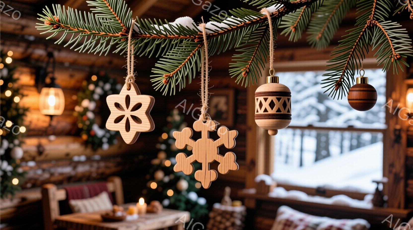 暖炉のある木のコテージの内部で、クリスマスオーナメントが飾られたクリスマスツリーの枝が前景にあります。窓からは雪景色が広がり、部屋全体が温かく、居心地の良い雰囲気に包まれています。木製の装飾品は手作り - AI生成フリー素材