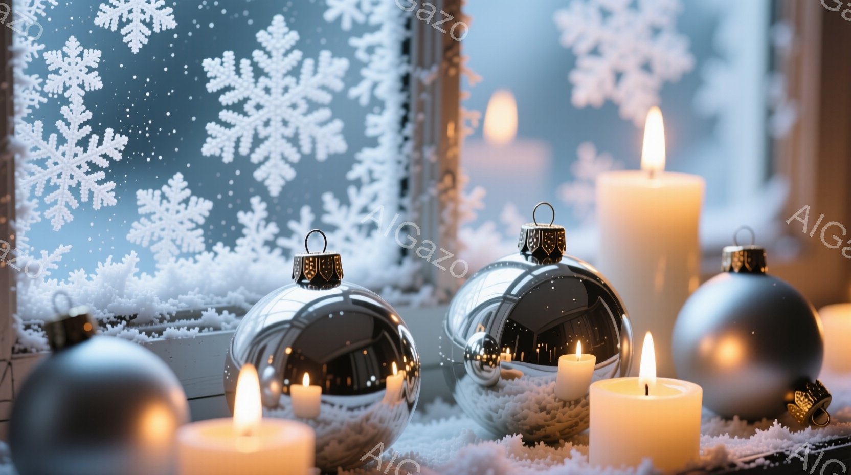 窓辺には雪の結晶模様が描かれ、銀色のオーナメントボールと点灯されたキャンドルが並べられています。キャンドルの温かい光がオーナメントボールに反射し、穏やかで幻想的な雰囲気を醸し出しています。全体的に静か - AI生成フリー素材