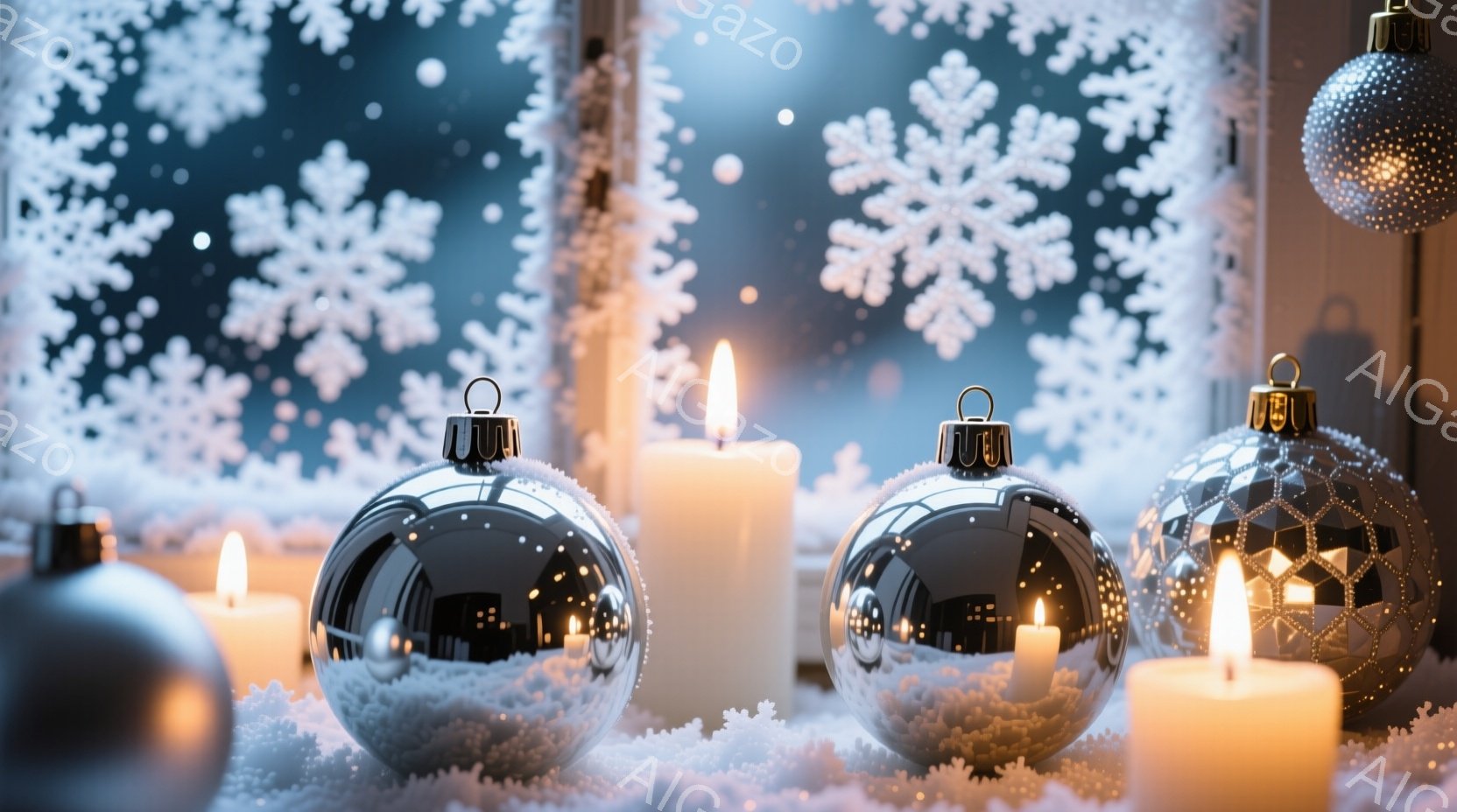 窓の外には雪が降り積もり、クリスマスのオーナメントとロウソクが冬の情景を温かく照らしています。銀色の輝くオーナメントは光を反射し、白いロウソクの炎が柔らかい光を放ち、幻想的な雰囲気を醸し出しています。 - AI生成フリー素材