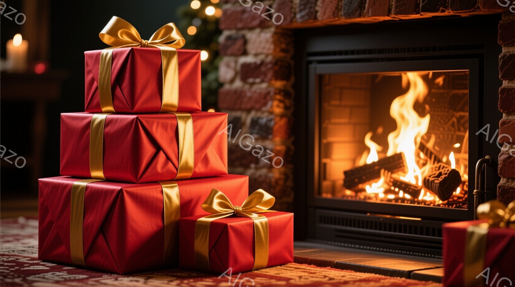 真っ赤な包装紙で丁寧に包まれたプレゼントが、積み重ねられて絨毯の上に置かれている。背景には暖炉があり、燃え盛る炎が部屋全体を温かい光で満たしている。クリスマスの飾り付けがぼんやりと見え、全体的に暖かく - AI生成フリー素材