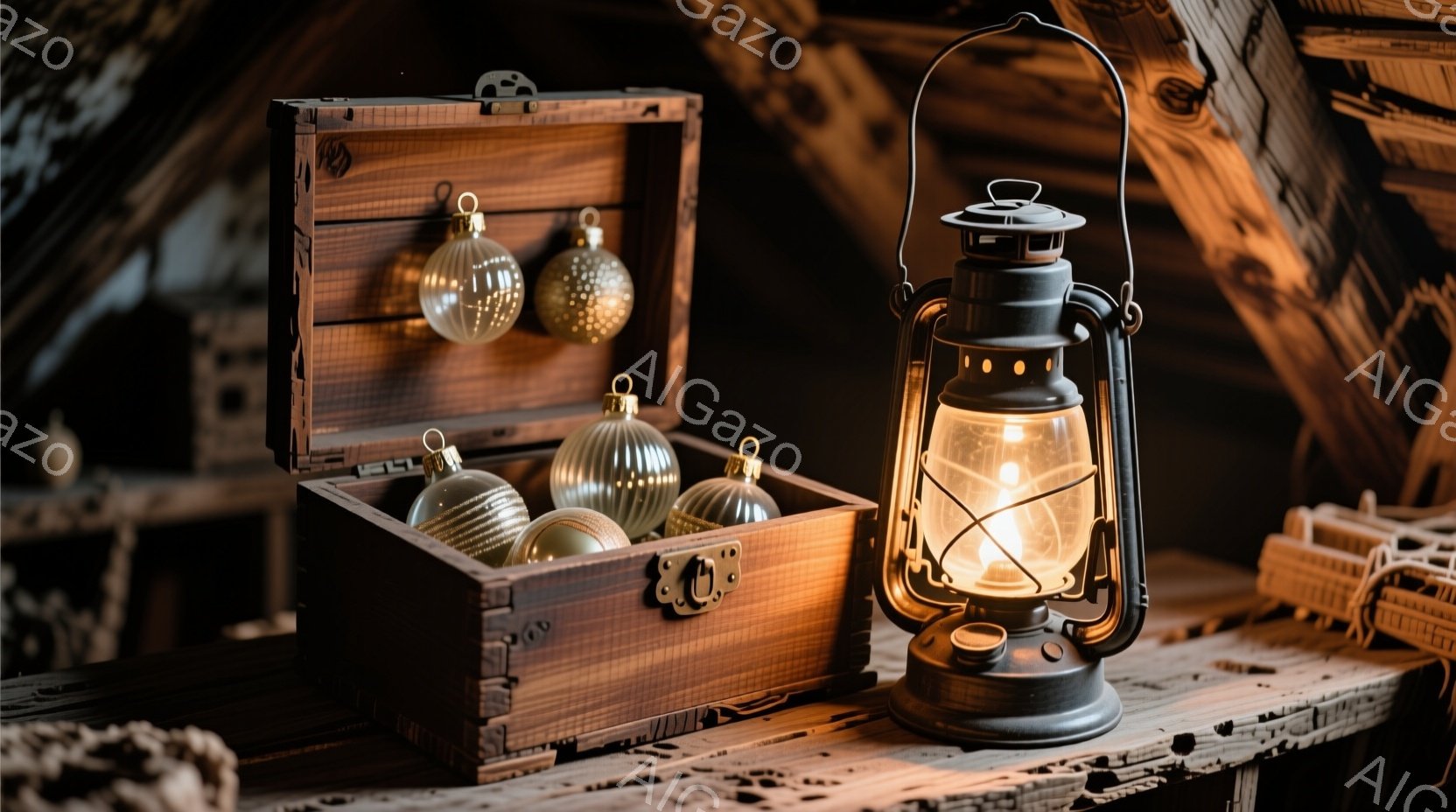 古びた木製の箱の中に、様々な色のクリスマスオーナメントが並べられています。箱の隣には、点灯したケロシンランタンが置かれており、暖かな光を放っています。背景は木の板張りの壁で、少し暗い室内、あるいは納屋のような雰囲気で、冬の静寂と温かさを感じさせます。