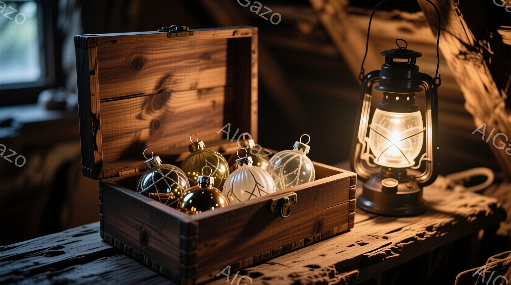 開いた木製の箱の中に、様々な色のクリスマスオーナメントが並んでいる。箱の隣には、点灯したランタンが置かれており、暖かく優しい光を放っている。背景は古びた木製のテーブルで、全体的に落ち着いた温かい雰囲気である。