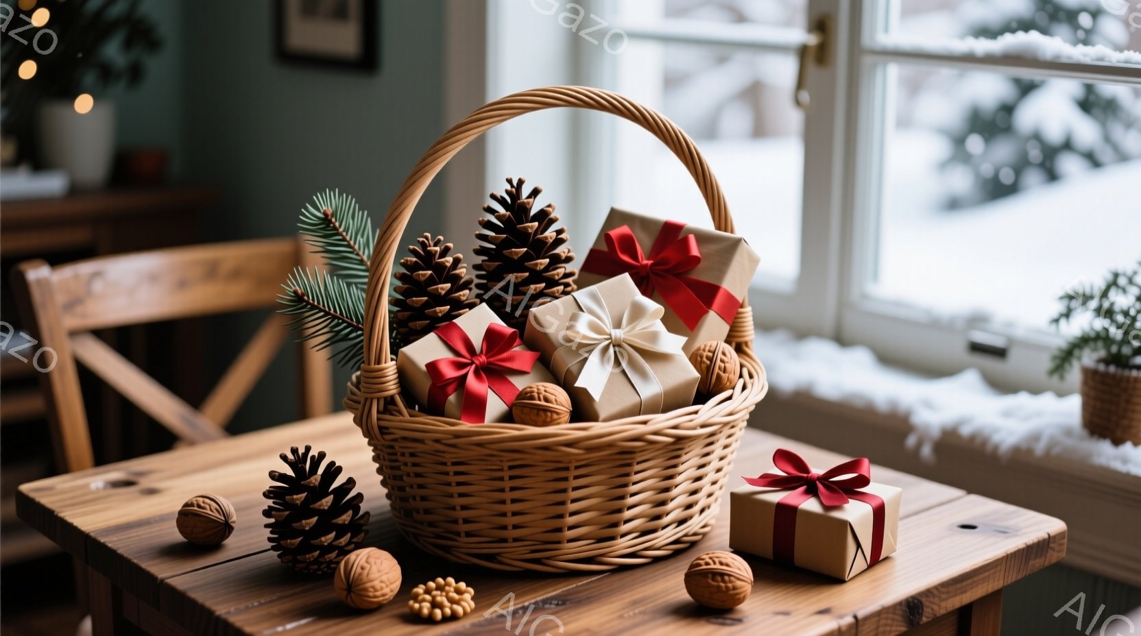 暖炉のある部屋の木製のテーブルの上に、贈答品と松ぼっくり、クルミが置かれたバスケットが置かれています。窓の外には雪景色が見え、室内は温かく、クリスマスの雰囲気を感じさせます。全体的に、穏やかで静謐な冬 - AI生成フリー素材