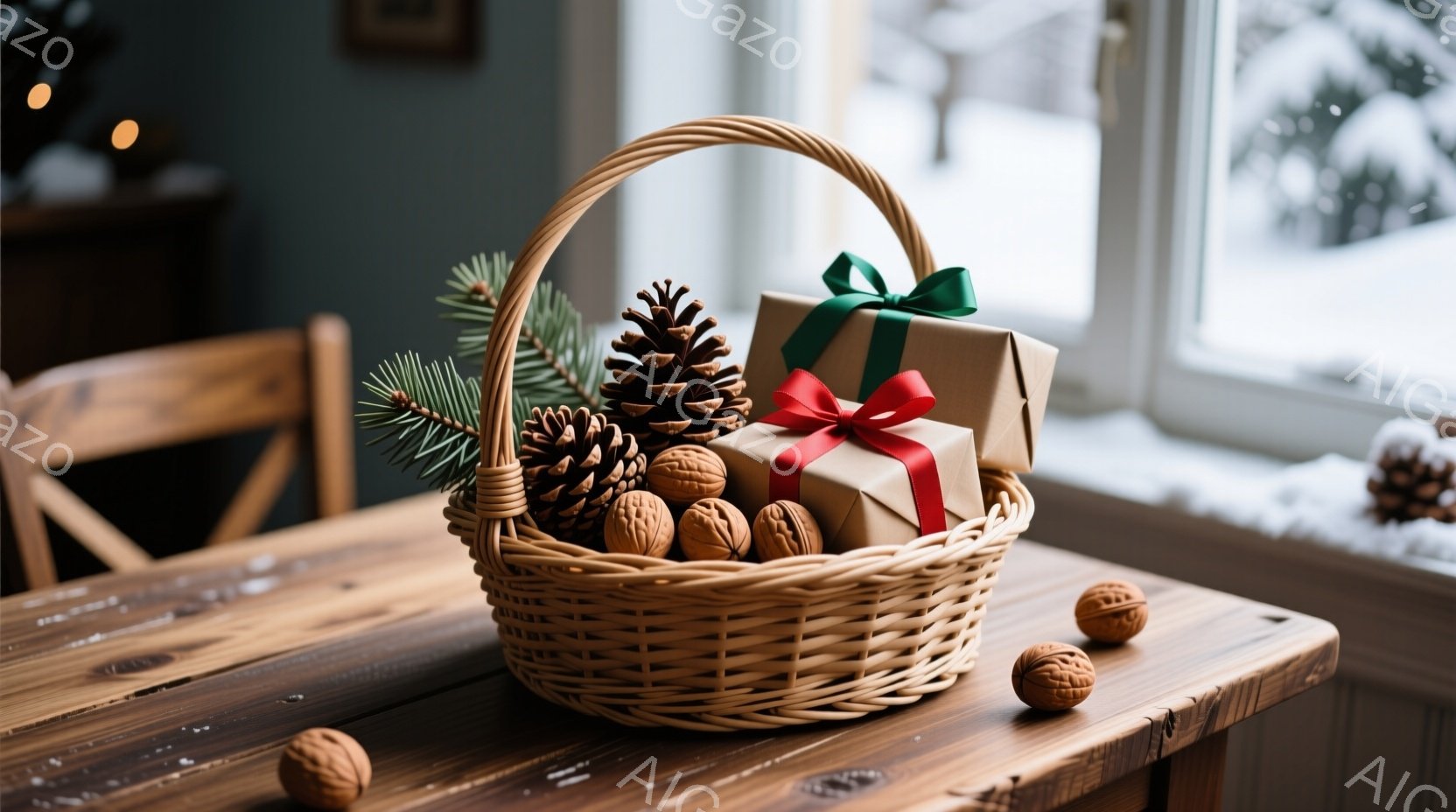 暖炉のある部屋の木製のテーブルの上に、手編みの柳の籠が置かれています。籠の中には、松ぼっくり、クルミ、そしてリボンで飾られたプレゼントの箱がいくつか入っており、冬の暖かさを感じさせます。背景には雪景色 - AI生成フリー素材