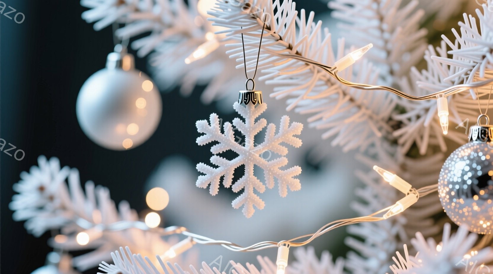 白いクリスマスツリーの装飾が写っている画像です。雪の結晶のオーナメントと銀色のボールが、白い電飾の光に照らされ、冬のきらびやかな雰囲気を醸し出しています。背景は暗く、装飾が際立っており、静かで美しい季 - AI生成フリー素材
