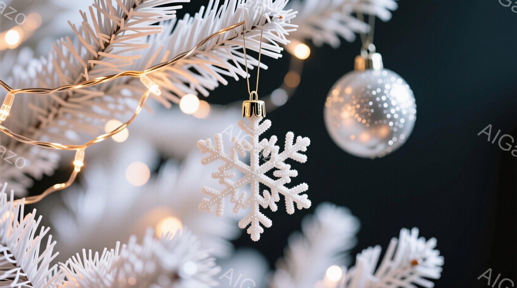白いクリスマスツリーの枝が画面を占め、きらめく電飾と装飾品が冬の暖かさを演出しています。雪の結晶と光沢のあるオーナメントが、背景の暗い色合いと対照的に輝き、お祝いの雰囲気を漂わせています。全体的に、洗練された冬のワンダーランドのような、静かで夢幻的な雰囲気が印象的です。