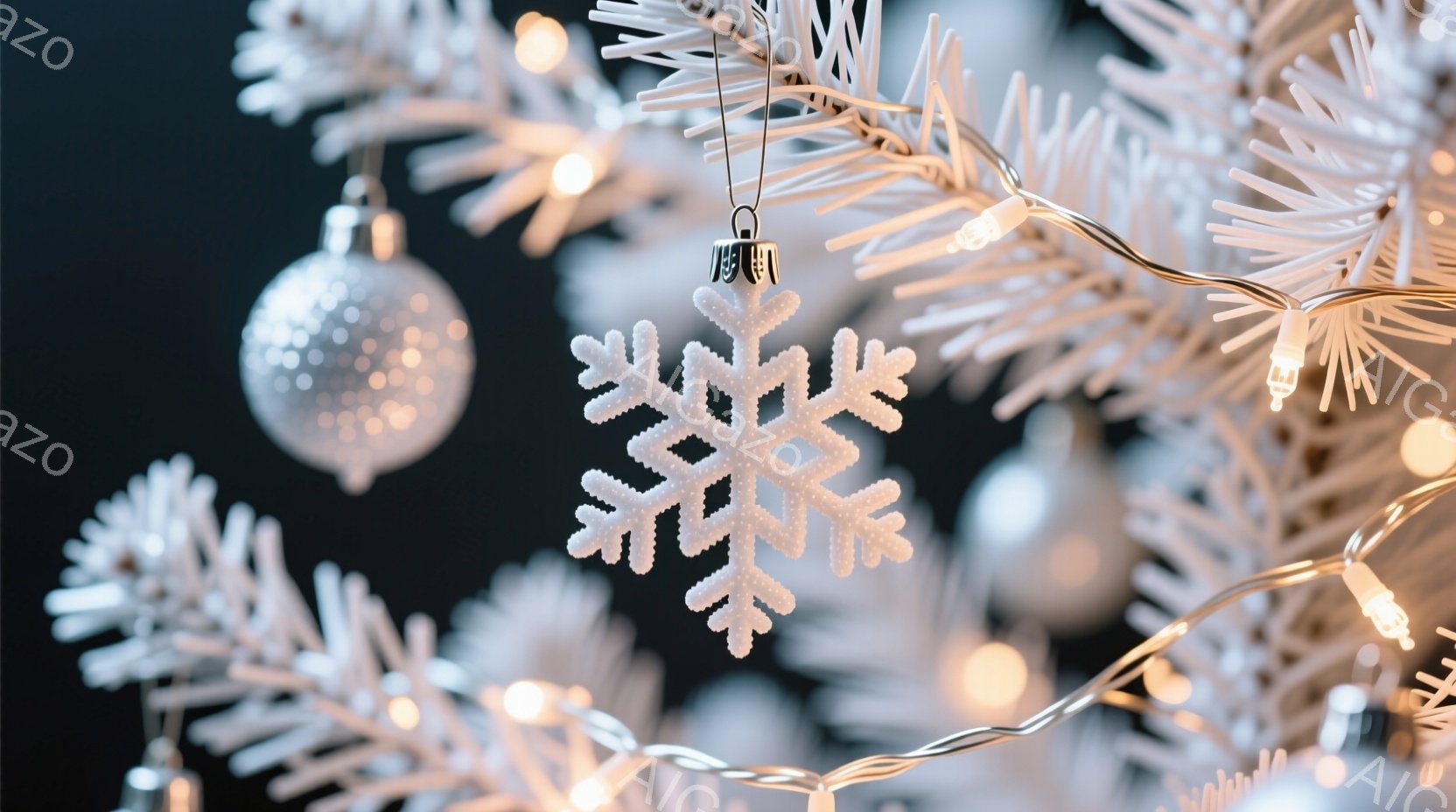 白いクリスマスツリーの枝に、装飾された雪の結晶と銀色のオーナメントが飾られています。温かい光を放つイルミネーションが枝に巻き付いており、冬の静かで幻想的な雰囲気を醸し出しています。背景は暗く、装飾が際 - AI生成フリー素材