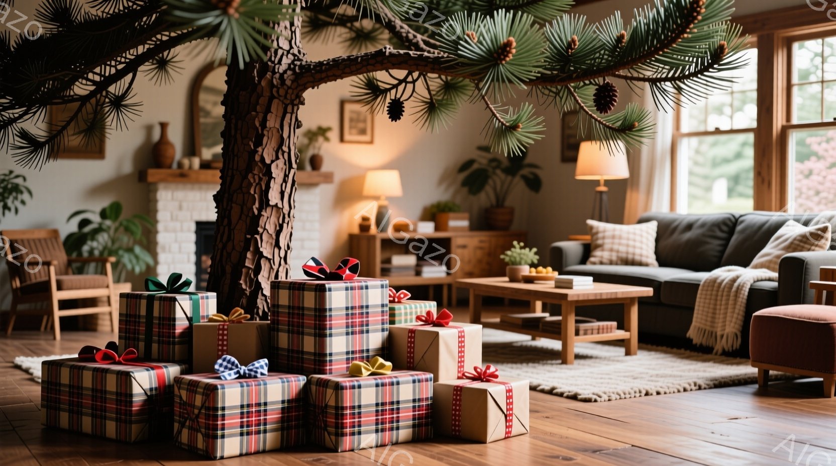温かみのあるリビングルームには、様々な大きさの包装されたプレゼントが、木の根元に積み重ねられています。背景には暖炉、ソファ、植物が見え、部屋全体が落ち着いた雰囲気で飾られています。自然光が差し込み、全 - AI生成フリー素材