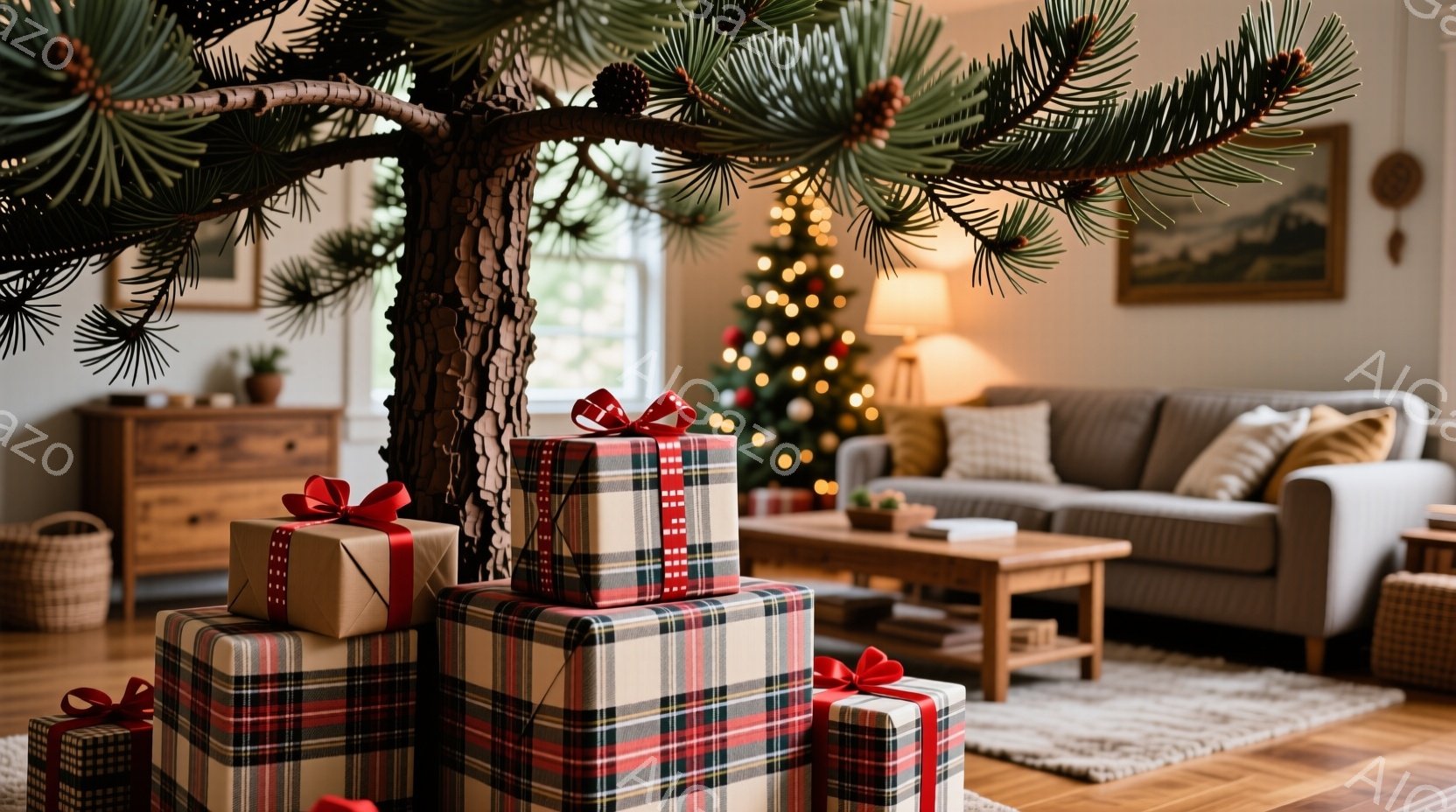 クリスマスツリーの足元に、赤と白のチェック柄のリボンで飾られたプレゼントの山が置かれています。背景には木製のキャビネットやグレーのソファ、そして暖色の照明が映り、温かく心地よい家庭的な雰囲気が漂ってい - AI生成フリー素材