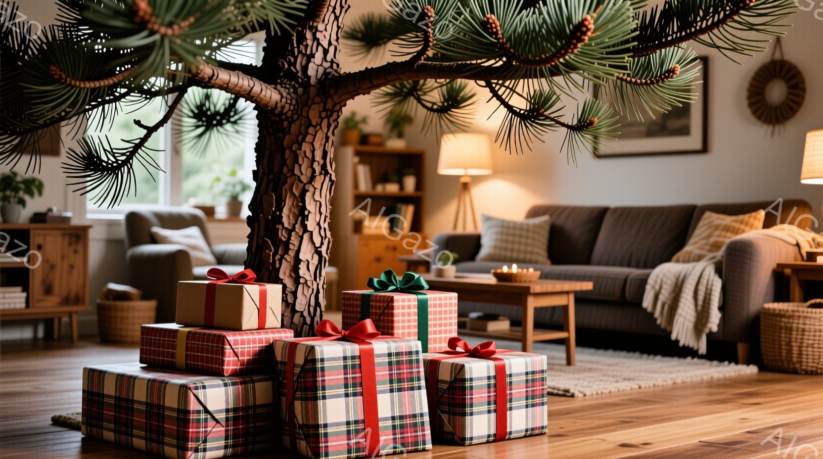 室内には、クリスマスツリーの下にラッピングされたプレゼントの山が置かれています。プレゼントは、赤と緑のチェック柄、または茶色の包装紙で包まれ、それぞれリボンで飾られています。背景には、木製のキャビネッ - AI生成フリー素材