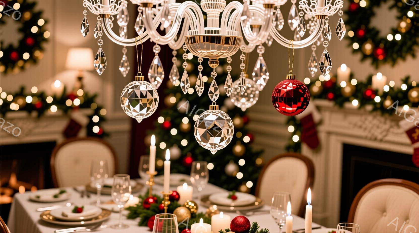 クリスマスの華やかな食卓が写っている。シャンデリアから飾りがぶら下がり、キャンドルや食器が配置され、背景にはクリスマスツリーと暖炉が見える。全体的に暖かく、お祝いムードに満ちた雰囲気である。 - AI生成フリー素材