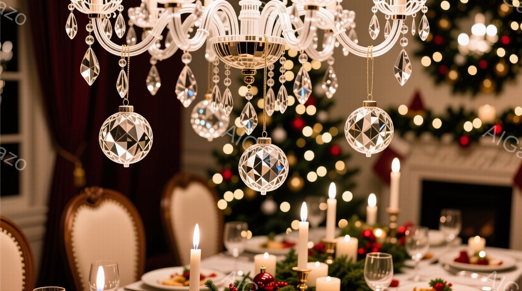 豪華なダイニングルームの様子で、クリスマスツリーが背景に見えます。シャンデリアからクリスタルのオーナメントが吊り下げられ、テーブルにはキャンドルと食器が並べられ、華やかな雰囲気を作り出しています。暖炉の光とキャンドルの炎が加わり、温かくロマンチックなクリスマスの夜を連想させます。