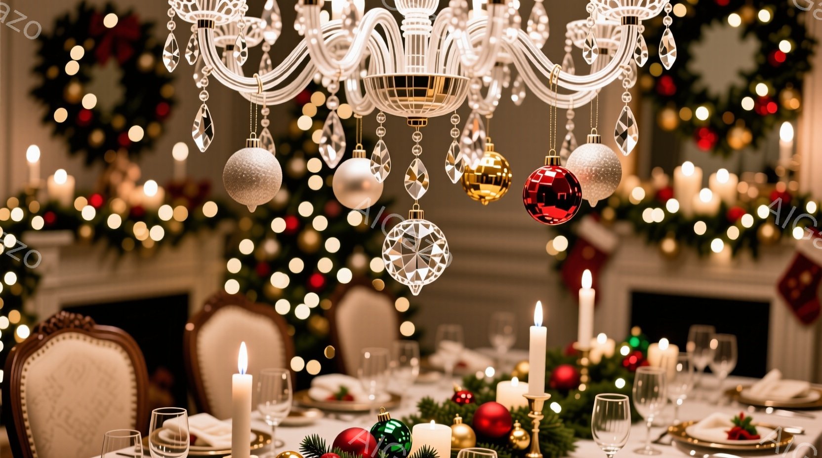 豪華なクリスマスのディナーテーブルが写っています。シャンデリアからオーナメントが吊り下げられ、キャンドルや食器がテーブル全体に配置され、暖かく華やかな雰囲気を醸し出しています。背景にはクリスマスツリー - AI生成フリー素材