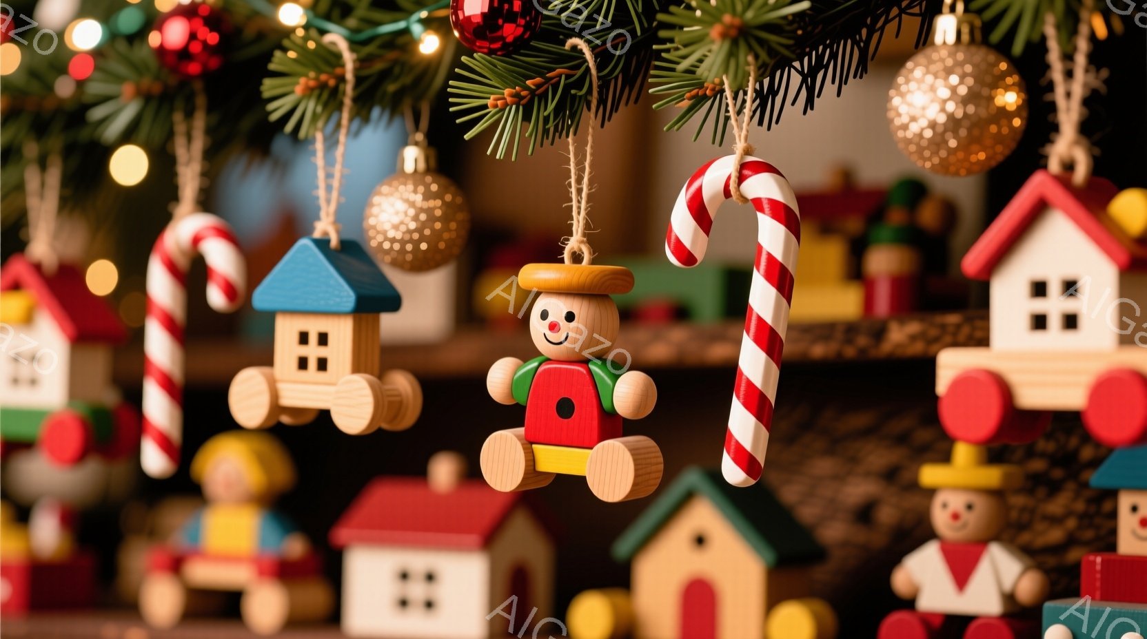 クリスマスツリーの枝に、木製のオーナメントが吊るされています。小さな家やキャンディケーン、そして色とりどりの木製の人形が、暖かく穏やかな雰囲気を醸し出しています。背景にはぼんやりとした光が灯り、冬の季 - AI生成フリー素材