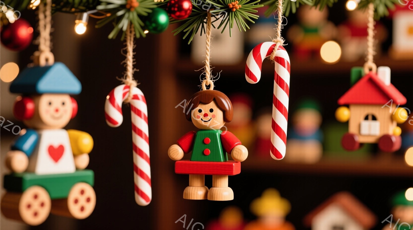 クリスマスツリーに、木製のオーナメントが吊り下げられています。人形はそれぞれ異なる服装をしていますが、一人は赤いハートが描かれた青い服を着て、もう一人は緑の服を着ています。背景には、小さな木製の家やカ - AI生成フリー素材