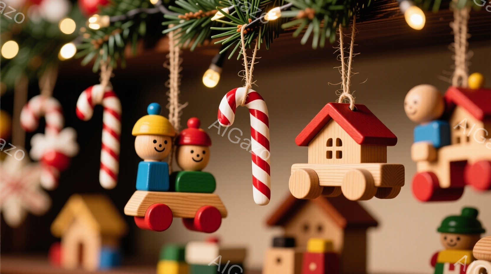 カラフルな木製オーナメントがクリスマスの飾りのように吊るされています。積み木のように繋がった顔を持つ人形や、屋根が赤く塗られた可愛らしい家、そしてキャンディケーンが並び、温かみのある雰囲気を醸し出して - AI生成フリー素材